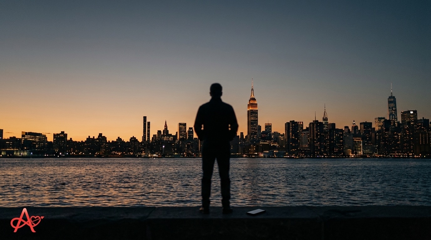 A silhouetted figure at the water's edge looking at the New York City skyline at dusk