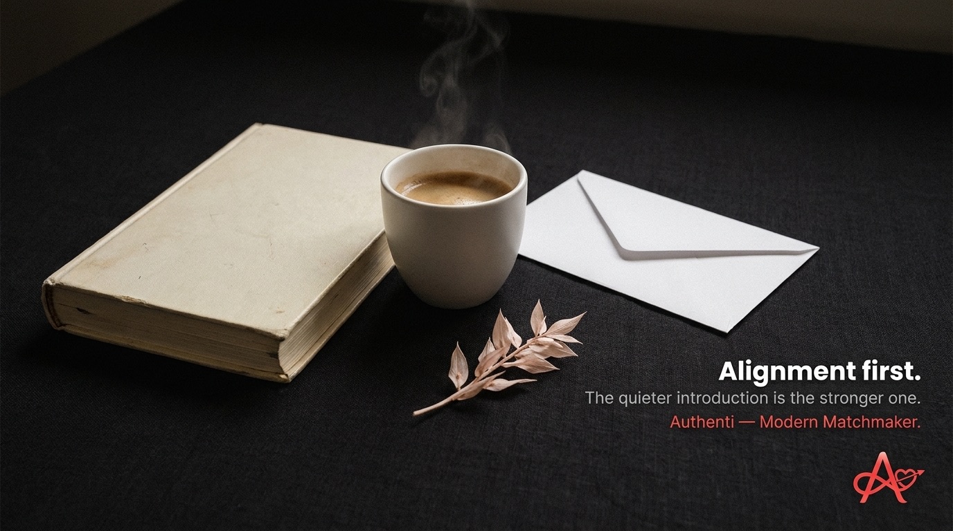 A still life of a worn book, a steaming espresso cup, and a sealed white envelope on a dark linen surface