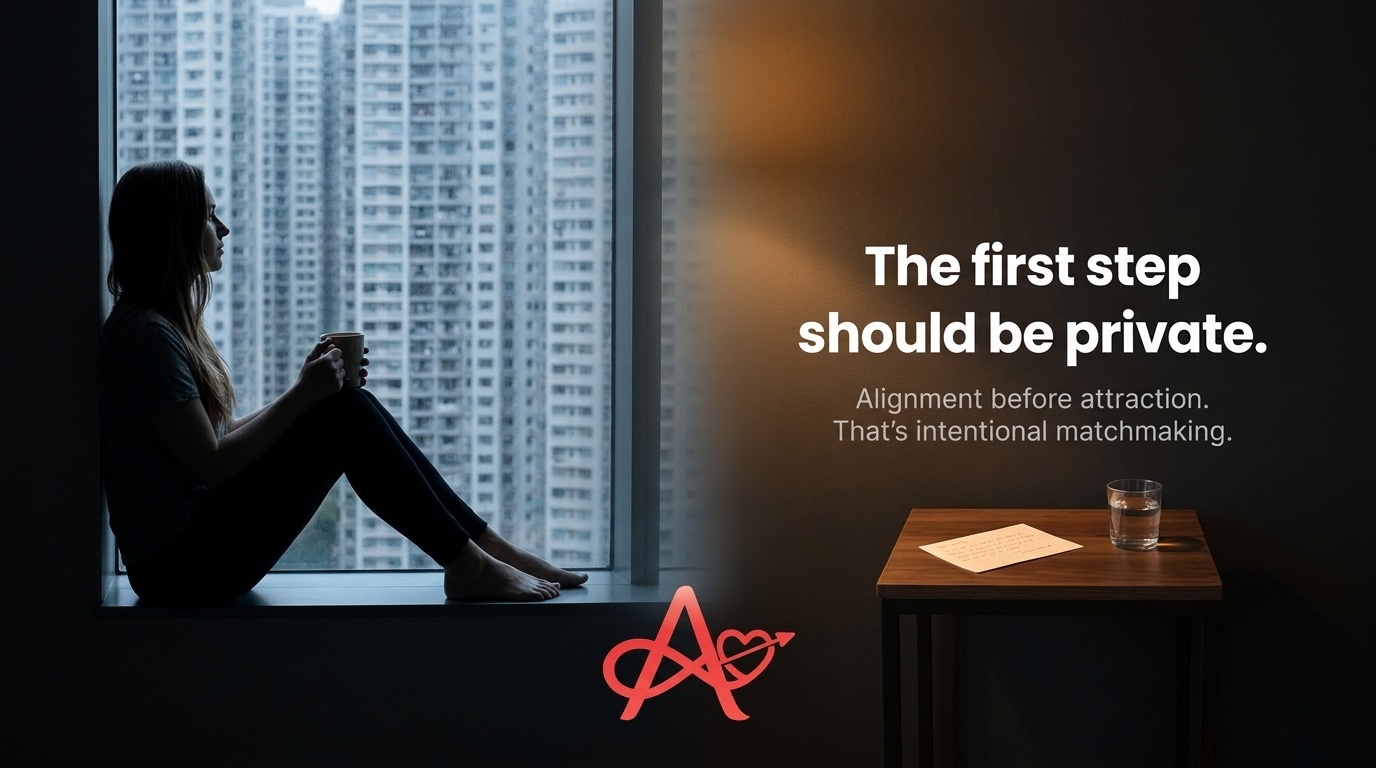 A quiet apartment scene with the line: The first step should be private. Alignment before attraction.