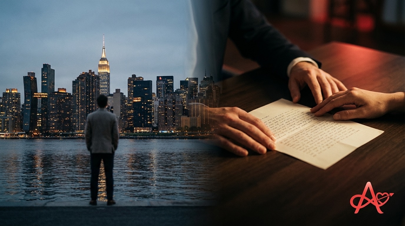 A man looking out over the New York City skyline beside an image of a handwritten letter being read across a table