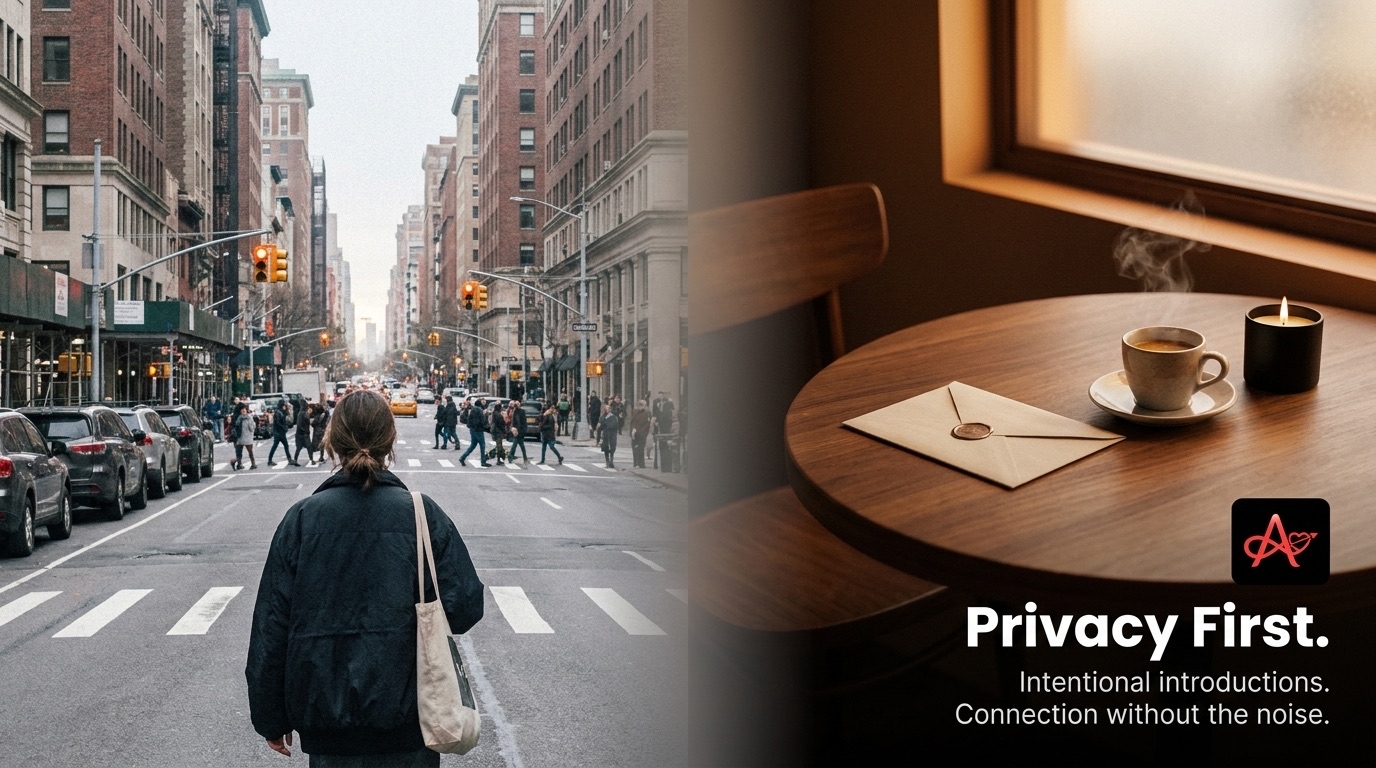 A woman crossing a New York City street paired with a quiet table set with an envelope, espresso, and a candle