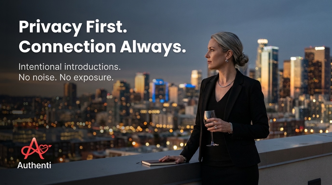 A woman on a rooftop at night overlooking the city skyline with the words: Privacy First. Connection Always.
